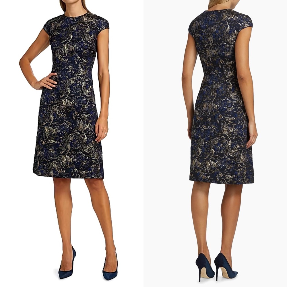 NEW NWT Teri Jon By Rickie Freeman Cap Sleeve Metallic Jacquard Cocktail Dress - Picture 2 of 12